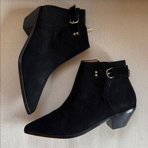Black suede Joie biker moto buckle pointed toe ankle boots size 37